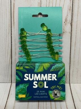 Summer Sol 25 Bulb Set Battery Operated Rice Lights Yellow Green Pineapple NEW
